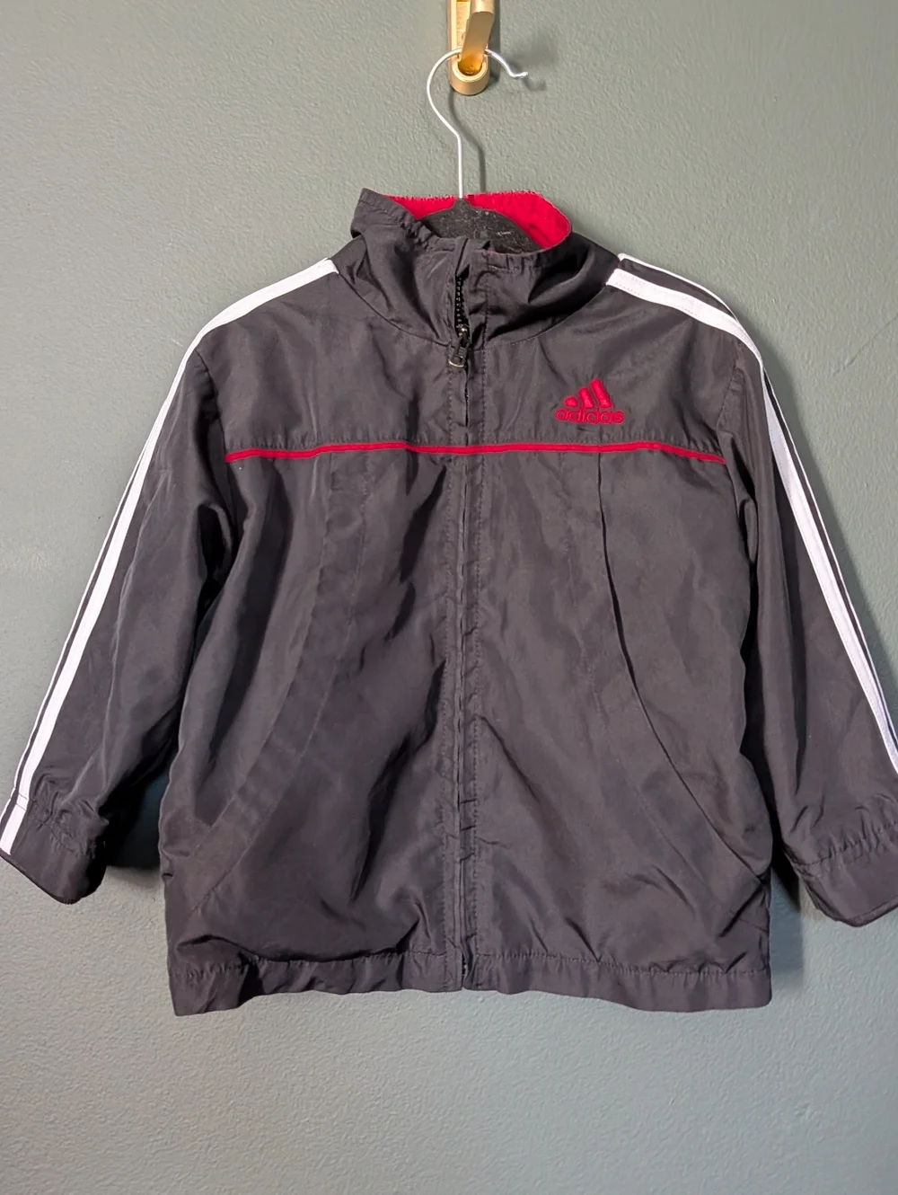 adidas Kids Black Jacket with Red Accents and White Stripes 18month 🦖